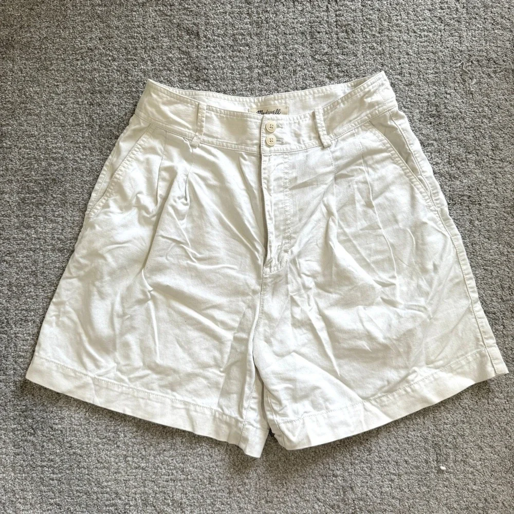 Madewell Pleated Cotton Linen Shorts Cream Sz 6 Coastal Minimal Tailored Preppy - Picture 1 of 11